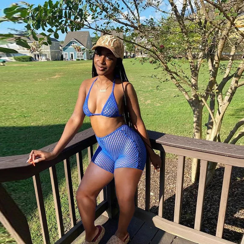 Mesh Bikini Cutout Trouser Suit Swimsuit in vibrant colors with rabbit hair fabric