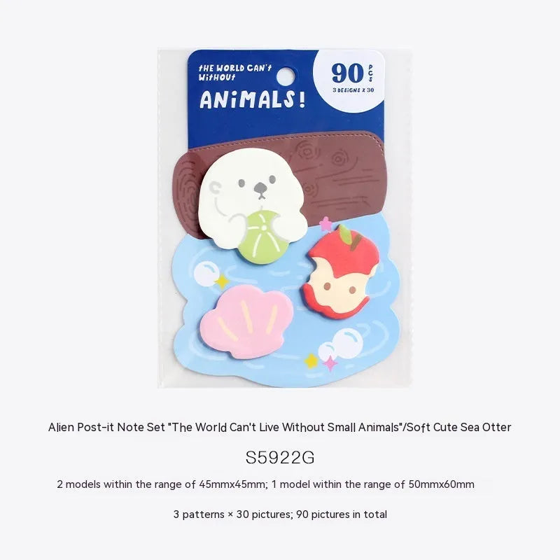 Small animal shaped sticky note set with 90 pages, showing six colourful cover options including bunnies, kittens, and otters