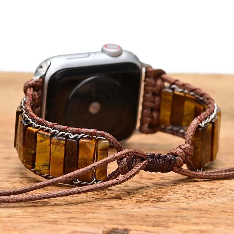 Rectangular tiger eye stone chain men's fashion watch strap bracelet adjustable bohemian style textile strap for 38-45mm watch cases fits 6.5-8.8 wrist size literary retro nature-inspired jewellery accessory