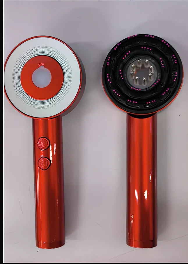 Fluffy comb scalp massager with infrared light therapy functions showing comb attachment and control buttons