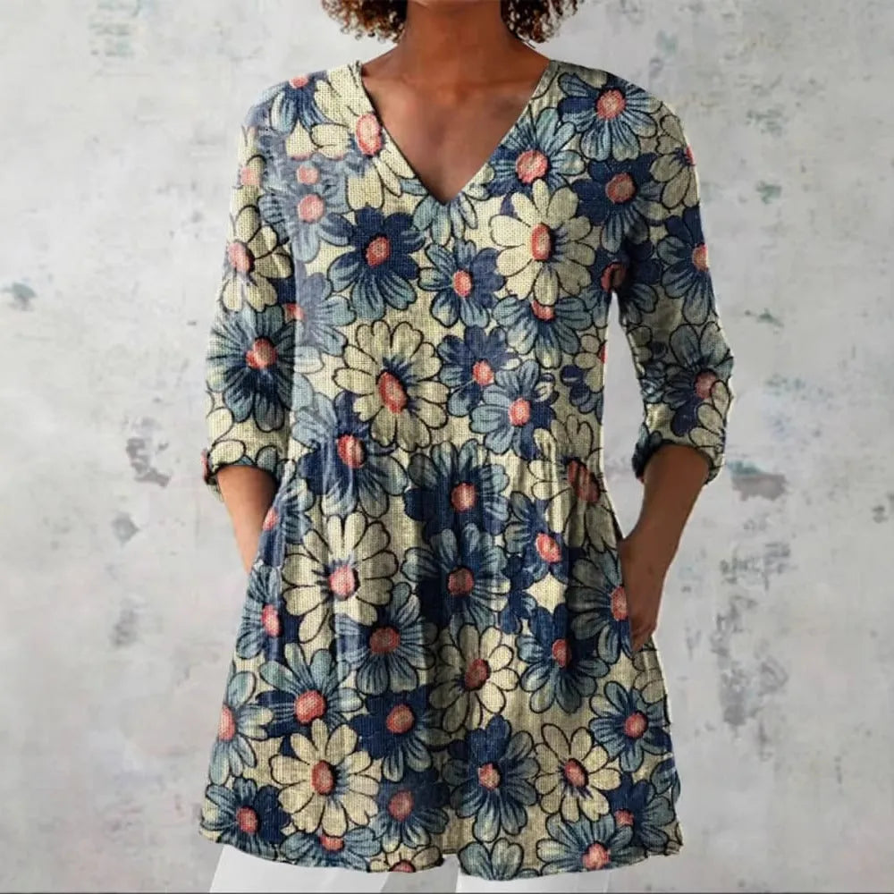 Women's retro slim fit long-sleeved top with digital printed pattern in various colours, showing front view