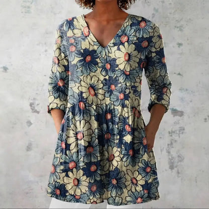 Women's retro slim fit long-sleeved top with digital printed pattern in various colours, showing front view
