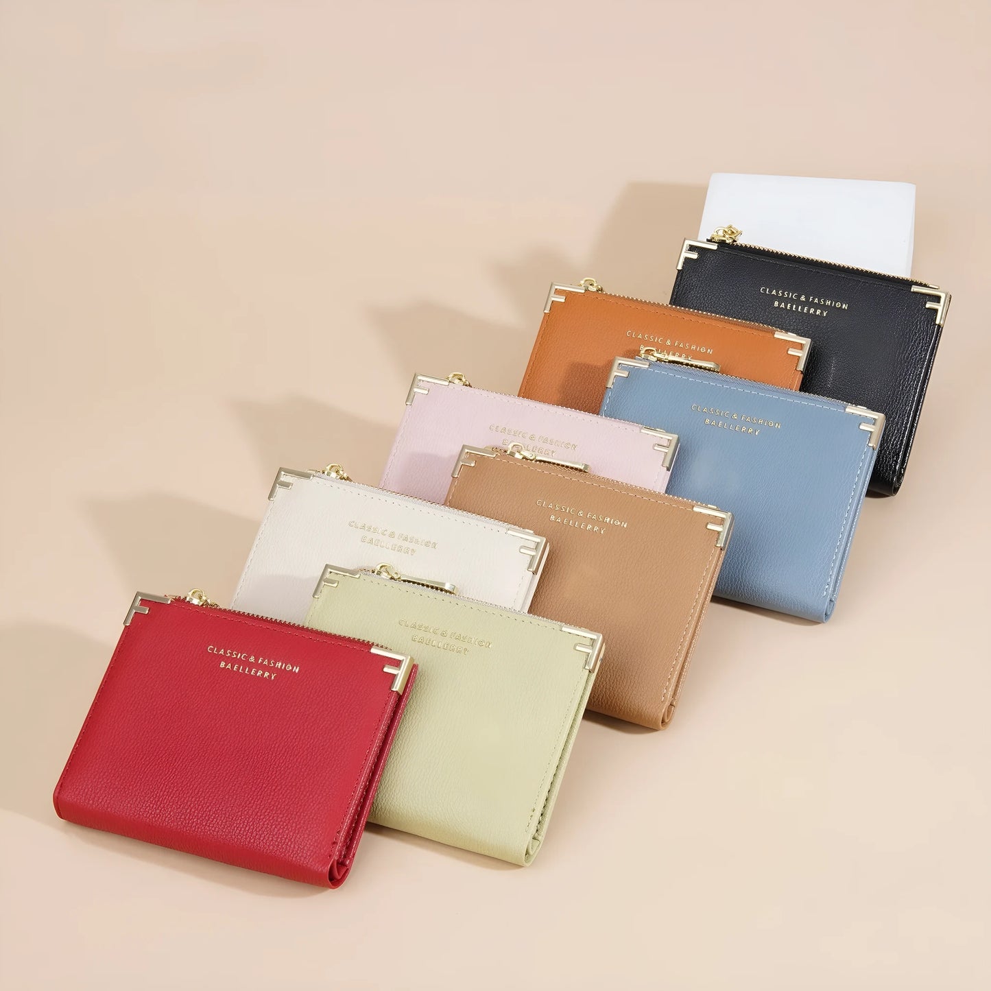 Slim pink PU leather women's wallet with card slots and a zipper coin compartment.