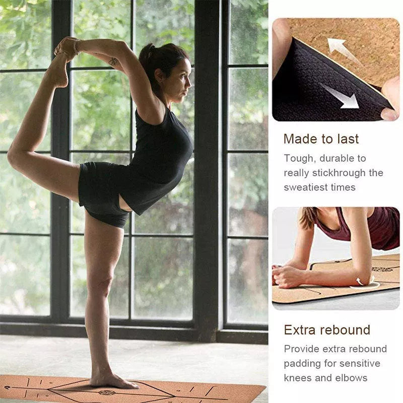 Cork rubber yoga mat with optional body position lines for alignment, 6mm thick
