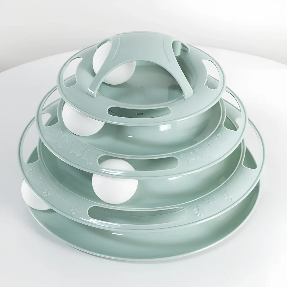 Circular tower track cat toy with rolling ball in blue and white colour option