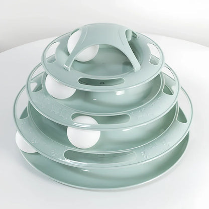 Circular tower track cat toy with rolling ball in blue and white colour option
