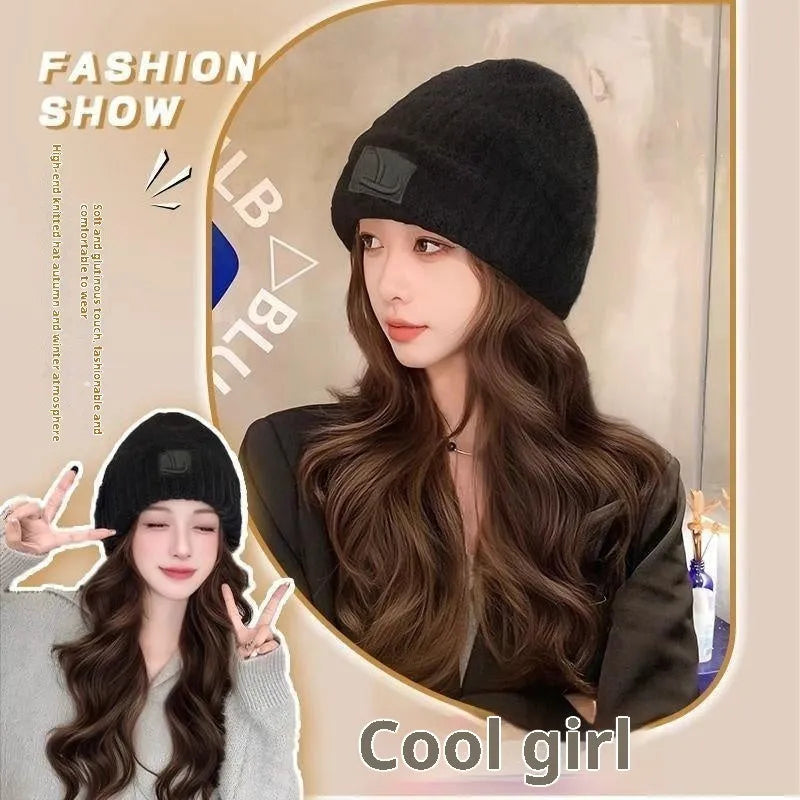 Hat wig with big wave curly hair in cold brown or brown black, full-head design for women, medium to long length