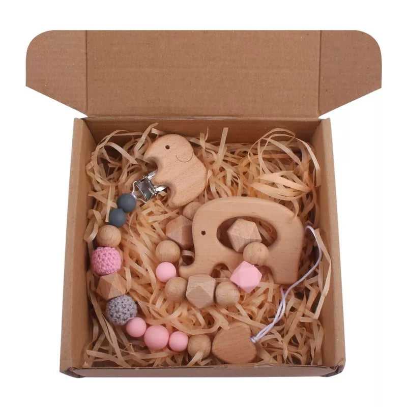 Natural cotton baby bath toy set with wooden rattle and comfort towel