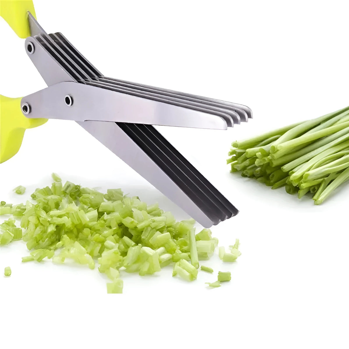 Green stainless steel multi-layer V-shaped kitchen scissors for cutting onions and herbs.