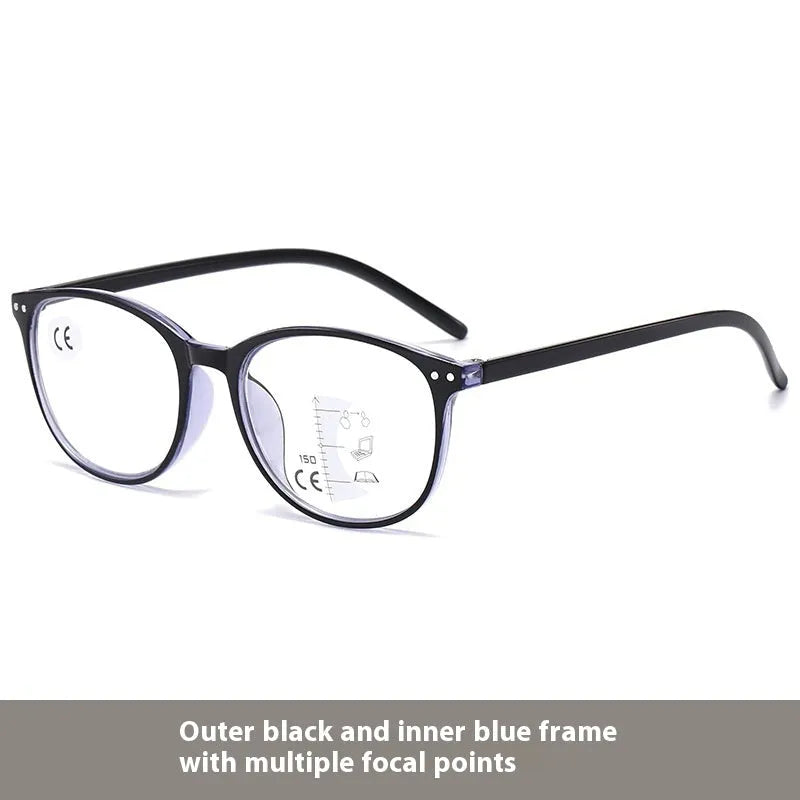 Women's multi-focus presbyopic glasses with adjustable nose pads and spring hinges in black and blue frame