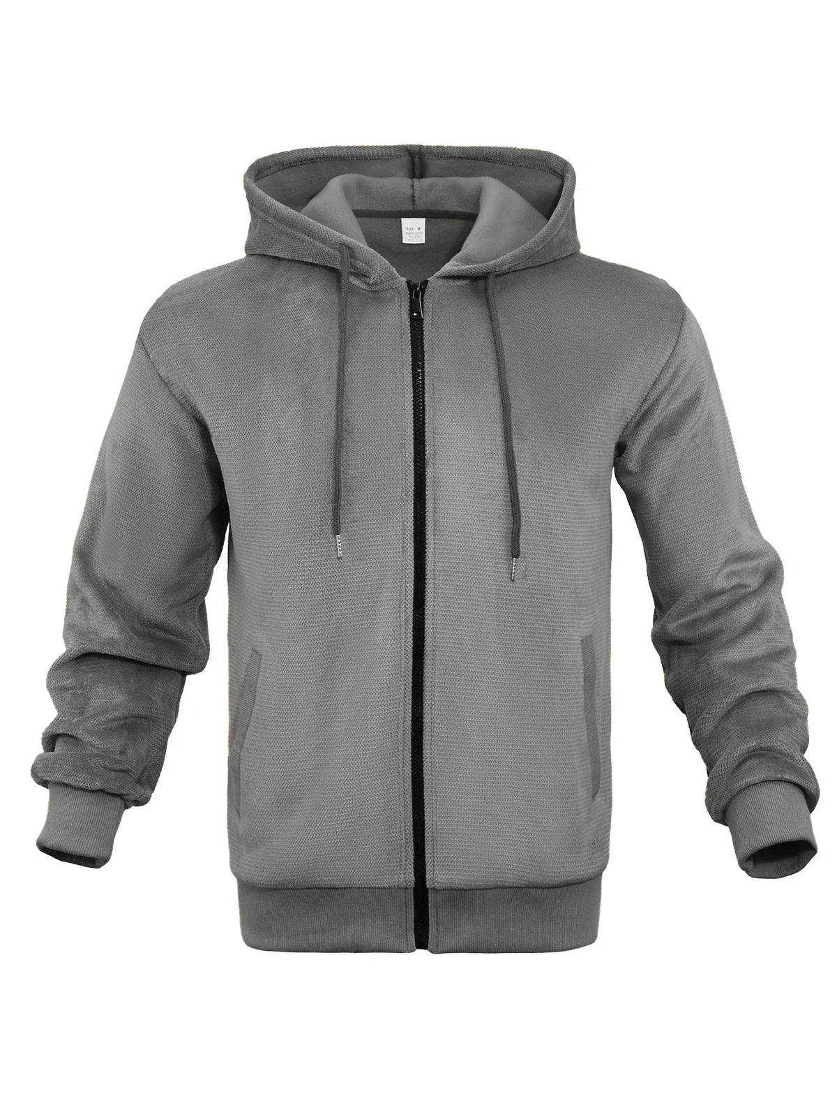 Men's grey zippered hooded sweatshirt with fleece lining and full-length front zip