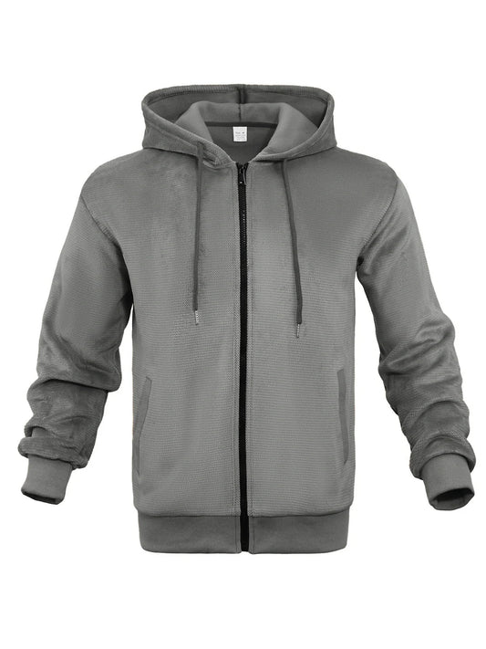 Men's grey zippered hooded sweatshirt with fleece lining and full-length front zip