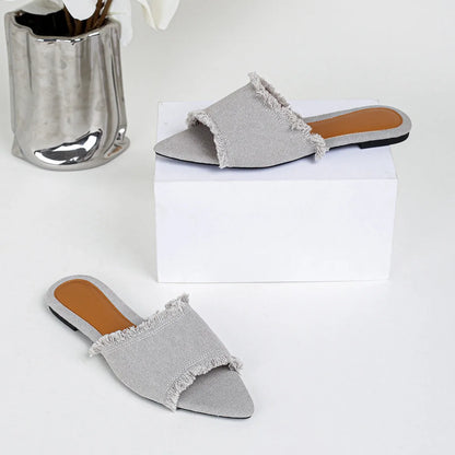 Women's denim casual slippers with tassel detail in various colours