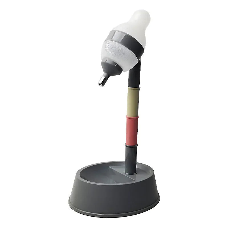 Adjustable height all-in-one pet waterer and feeder for cats and dogs, shown in grey or pink