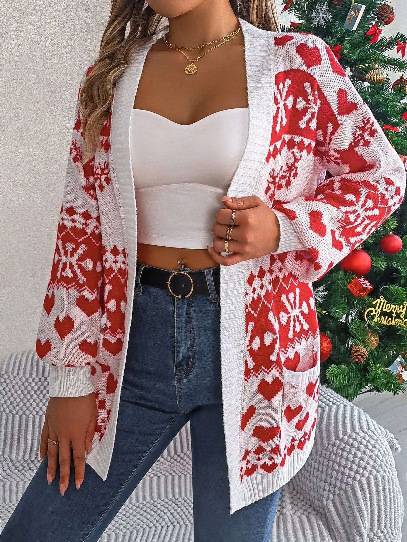 Cozy knit Christmas sweater for women with oversized deer print design and lantern sleeves