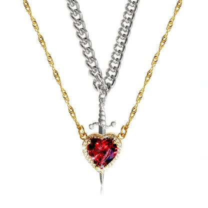 Fashionable Heart and Sword Pendant Necklace Set made of stainless steel with sparkling crystals for a bold, romantic look