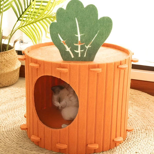 Felt cat tunnel with drilled semi-enclosed design showing peek-out openings