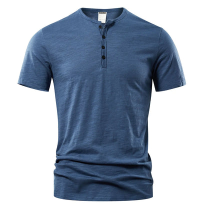 Men's slub cotton short sleeve t-shirt in denim blue colour showing British-style design and textured fabric