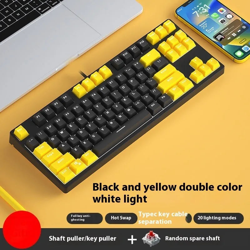 87-key mechanical keyboard with two-tone coloured keycaps on metal case