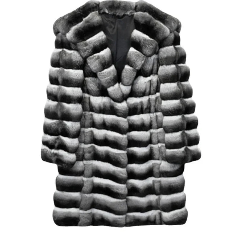 Women's casual artificial mink overcoat with zebra stripes pattern, mid-length 65cm design, regular sleeves