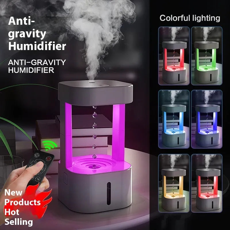 Creative anti-gravity water drop humidifier with upward flowing droplets and coloured lights