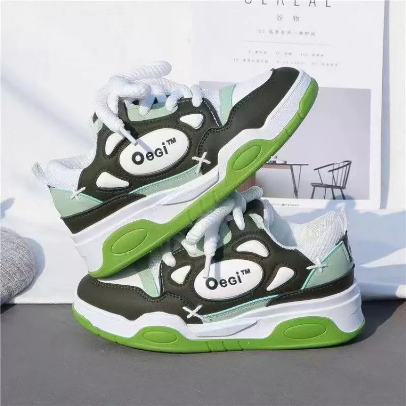 Women's round toe mid heel sneakers with muffin bottom in black and fluorescent green