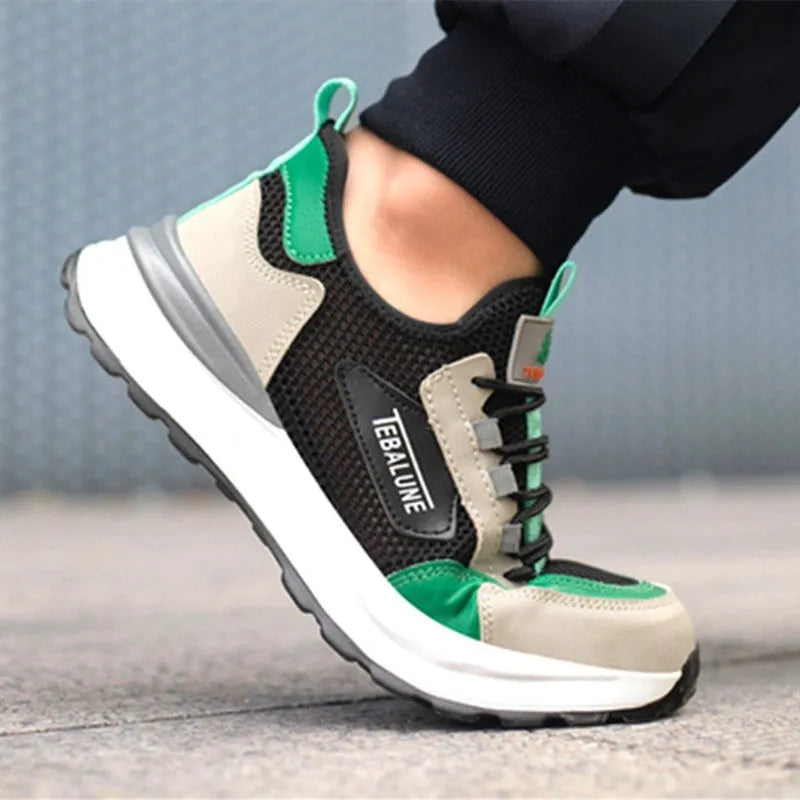 Men's black-green mesh work shoes with plastic steel toe protection and slip-on design