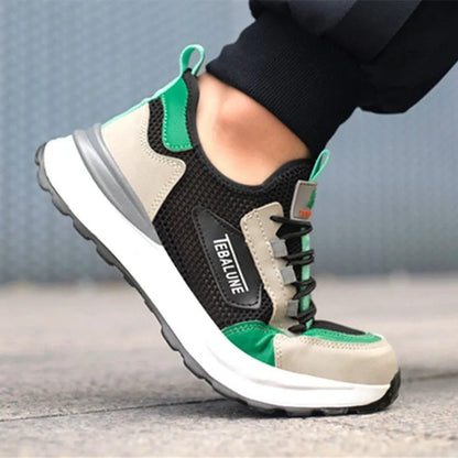 Men's black-green mesh work shoes with plastic steel toe protection and slip-on design