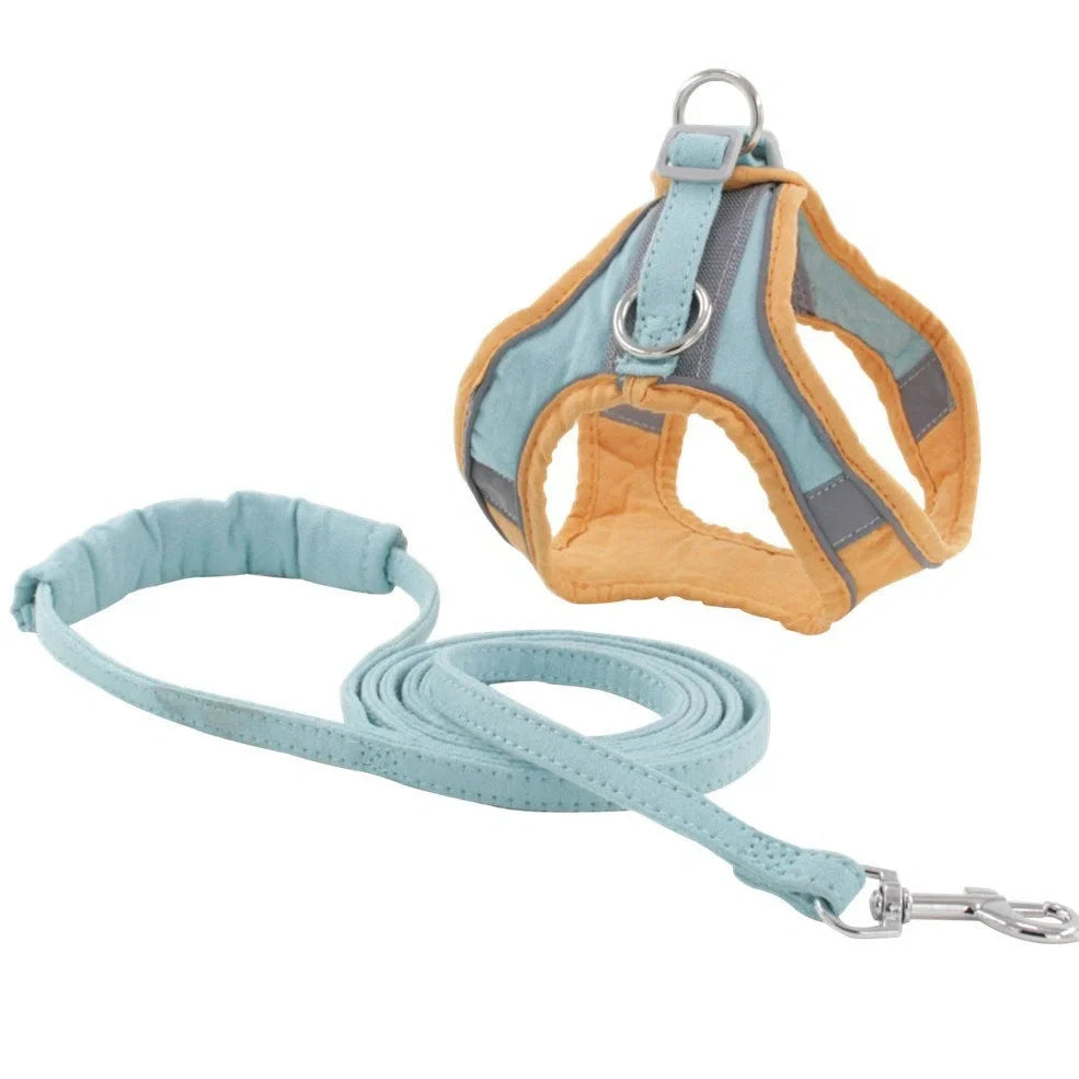Fleece-lined dog harness with reflective strips and 150cm lead in navy blue colour