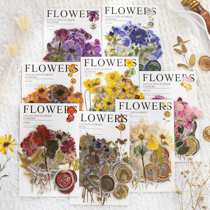 Fire Paint Creative Dried Flowers Journal Decoration Sticker Package showing eight modern art designs on 40 PET sheets
