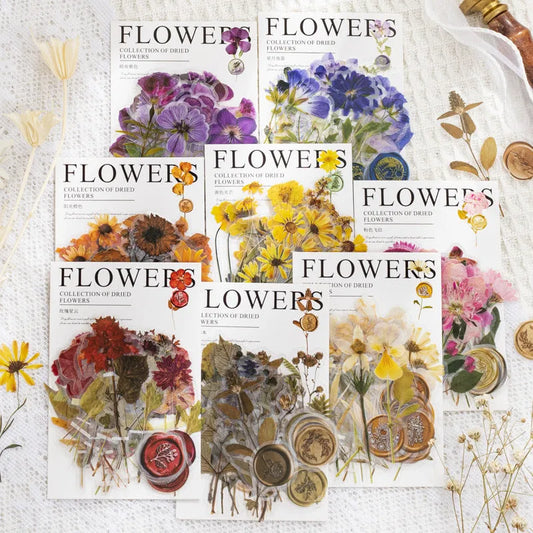 Fire Paint Creative Dried Flowers Journal Decoration Sticker Package showing eight modern art designs on 40 PET sheets