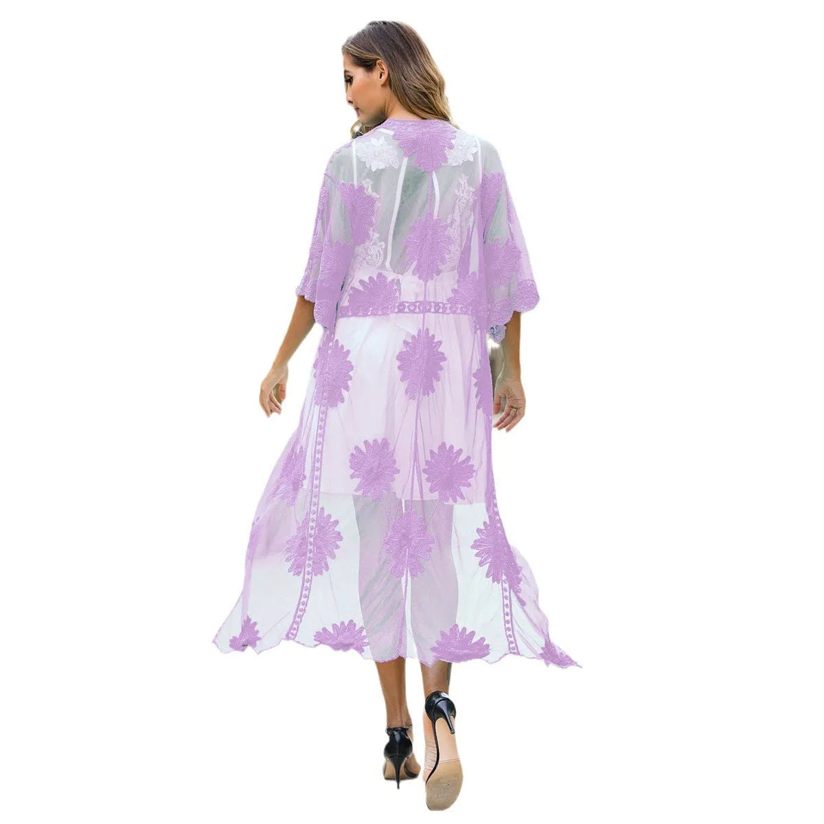Light purple lace-embroidered beach dress cardigan laid flat, a free-size swimwear cover-up.