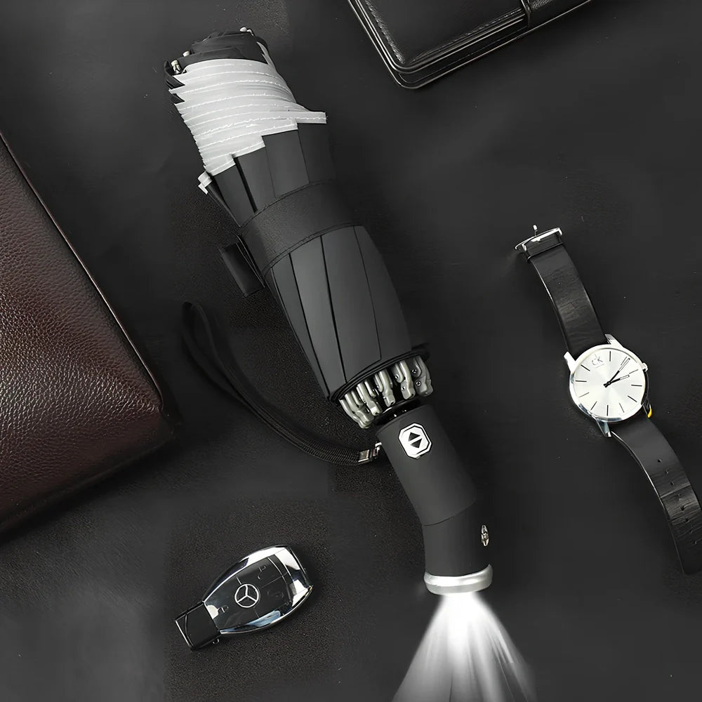 Automatic reverse umbrella showing open 105cm canopy and compact 30cm folded size