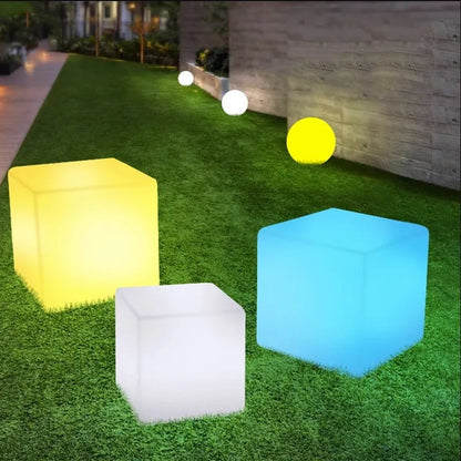 LED stool square cube light with modern design, IP65 waterproof rating, and options for rechargeable or solar power in various sizes