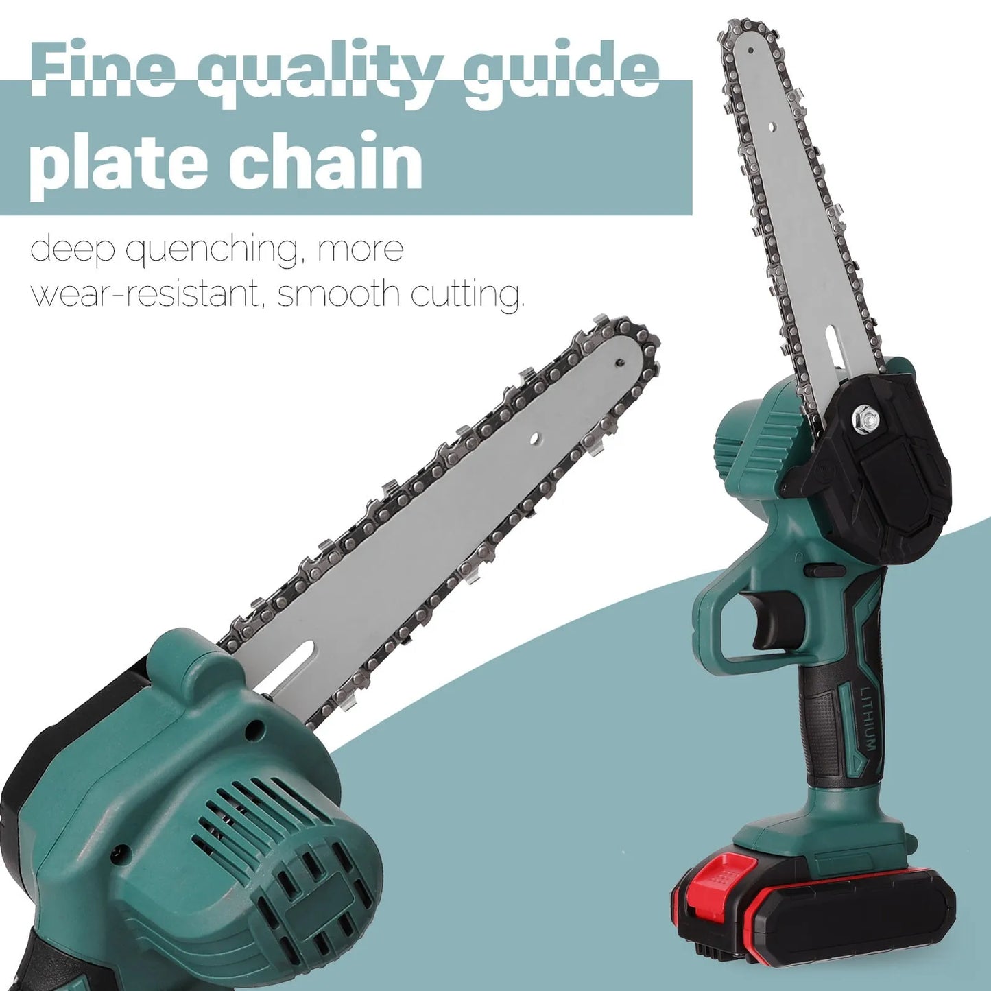 Black one-hand electric chainsaw with 4-inch cutting bar and lithium battery for garden log cutting