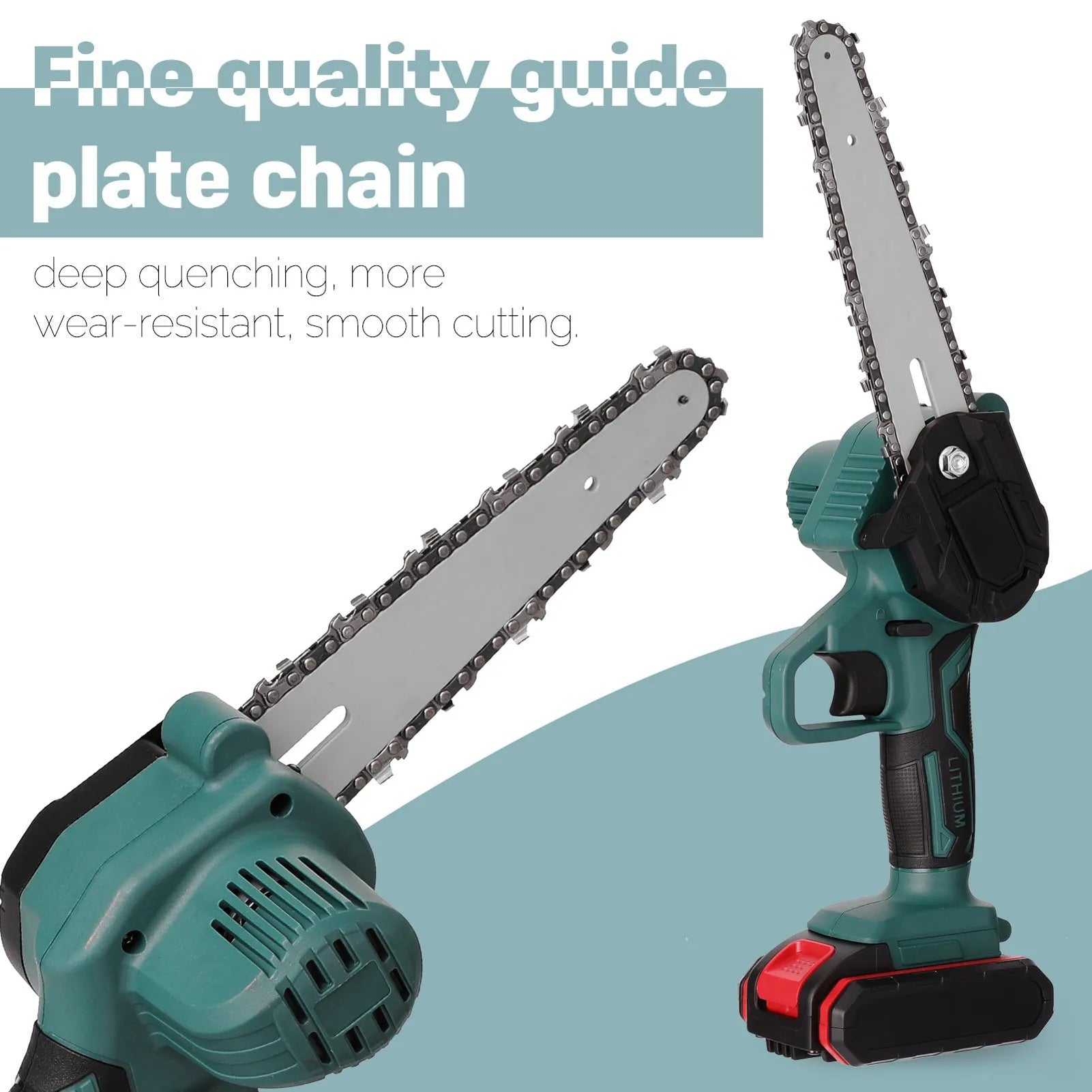 Black one-hand electric chainsaw with 4-inch cutting bar and lithium battery for garden log cutting