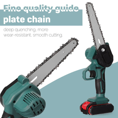 Black one-hand electric chainsaw with 4-inch cutting bar and lithium battery for garden log cutting