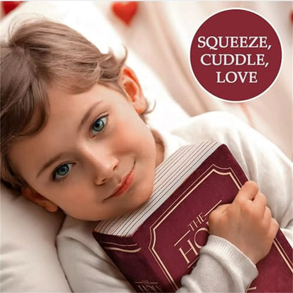 Soft red Bible pillow plush toy for kids, featuring 1st Corinthians 13 inside