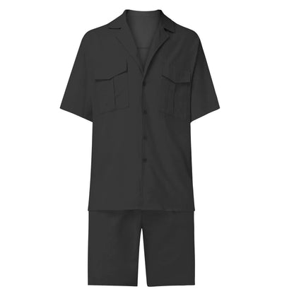 Lapel collar short sleeve linen shirt and shorts set with pockets, loose casual summer two-piece in solid colour