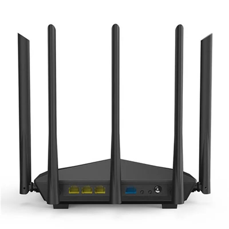 Black AC11 wireless router showing four Gigabit ports and measuring 220x141.5x49mm