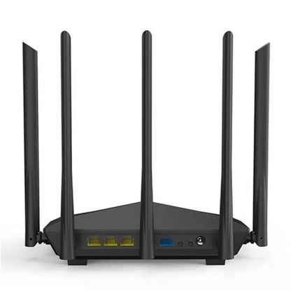 Black AC11 wireless router showing four Gigabit ports and measuring 220x141.5x49mm