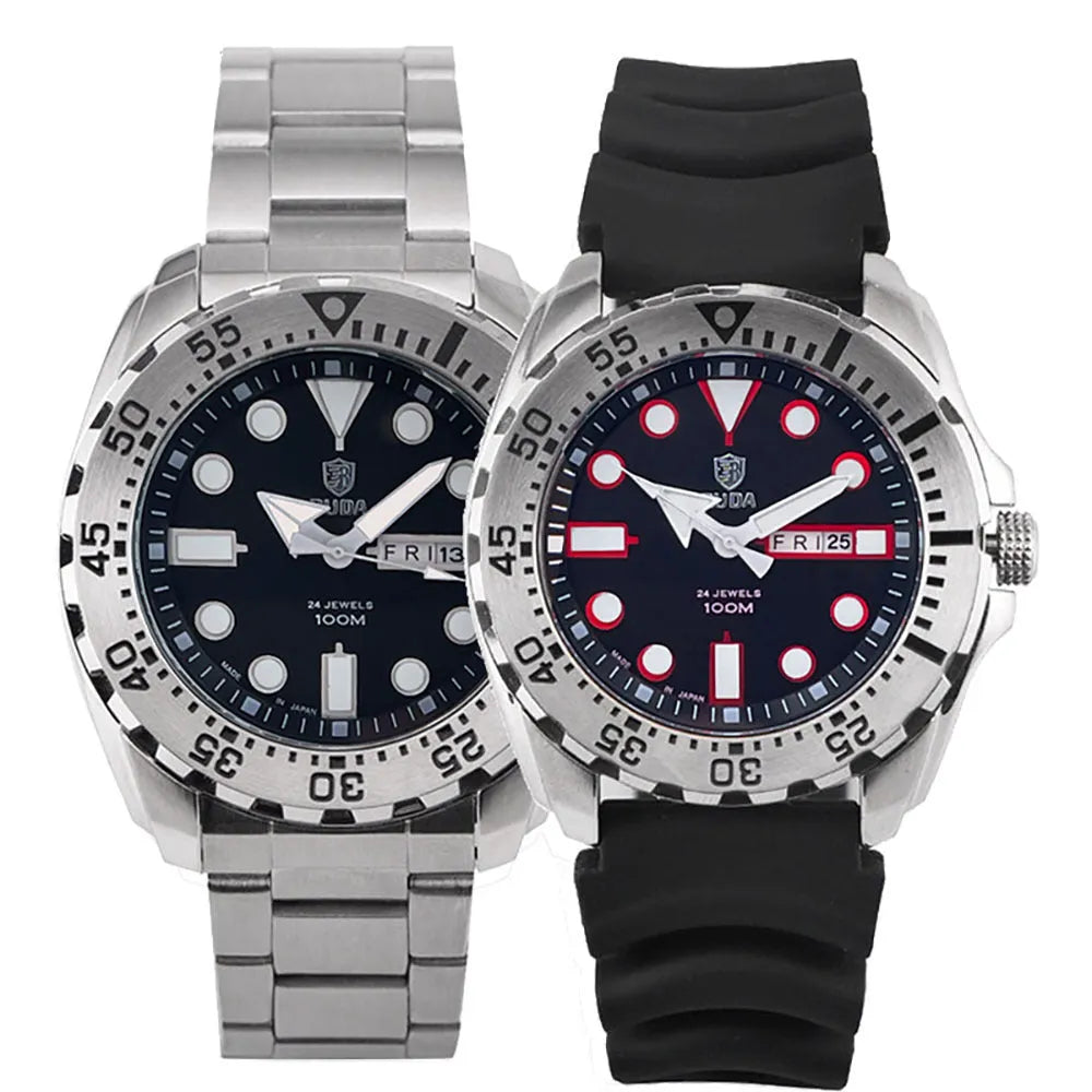 Men's waterproof luminous sports watch showing blue dial with steel strap option