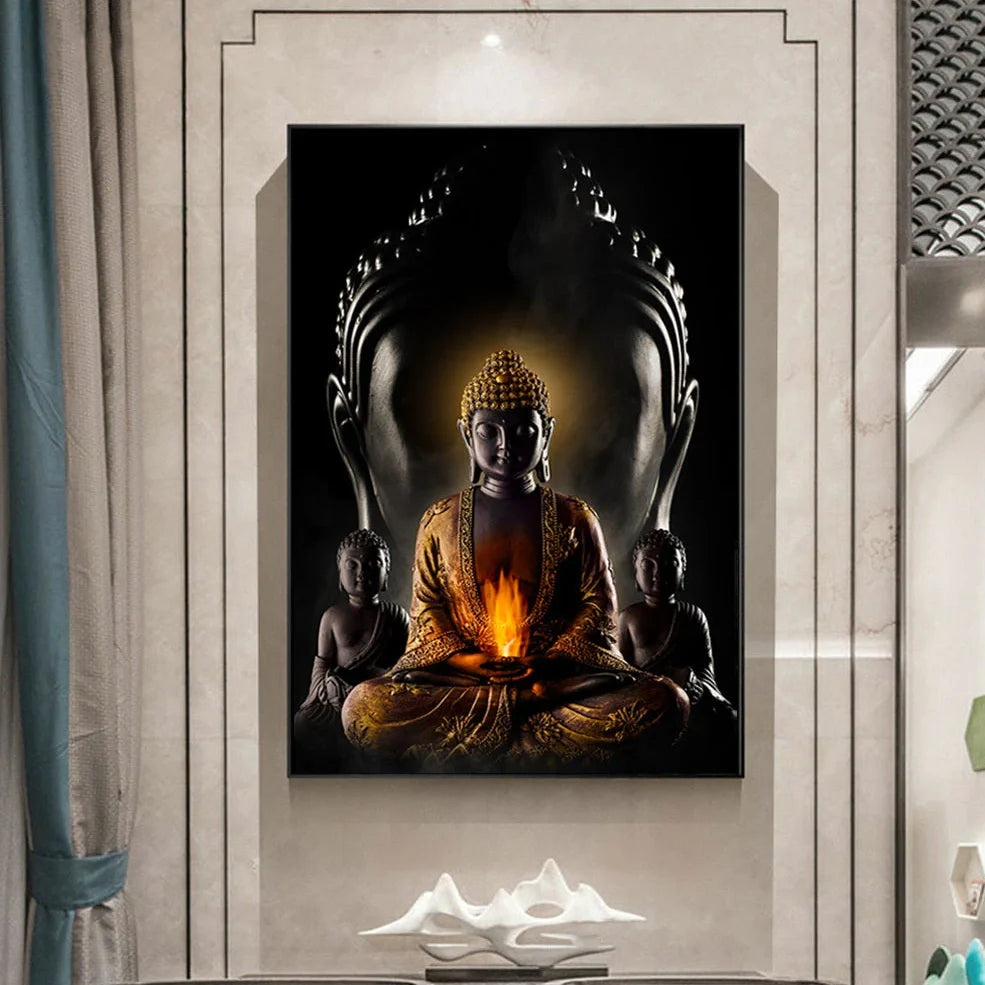 Modern Buddha canvas wall art in chemical fabric with detailed printing, available in 10 sizes from 20x30cm