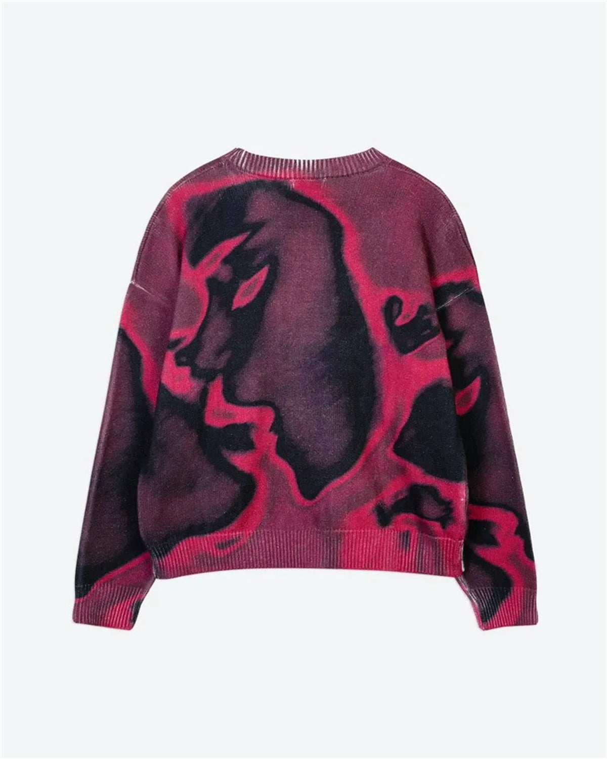 Printed polyester sweater in Black, Blue, or Rose Red, sizes XS to 3XL, long sleeve casual pullover