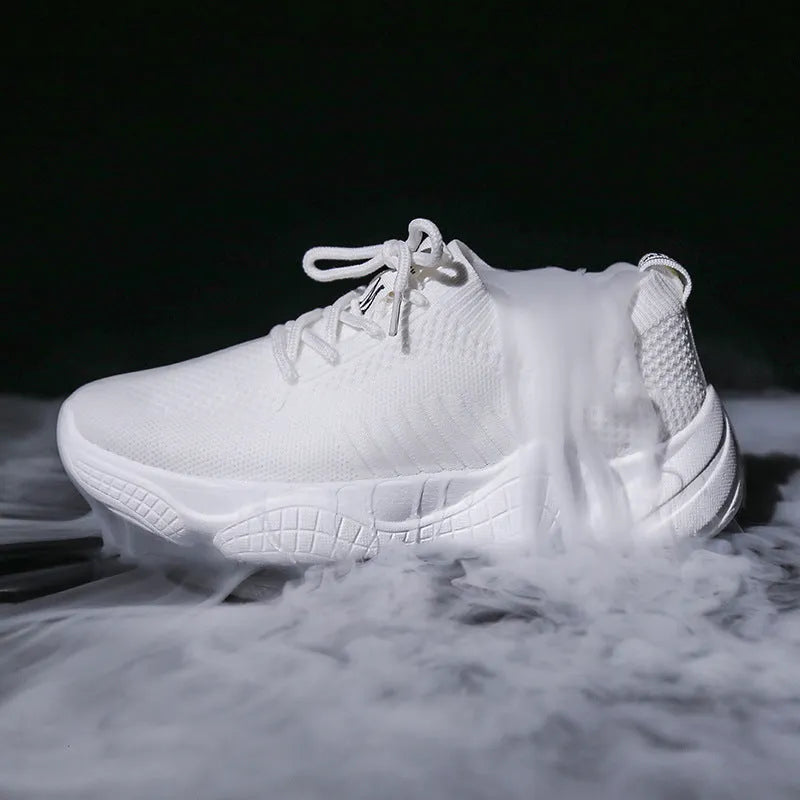 Women's white flying woven sports shoes with thick rubber soles and front strap design