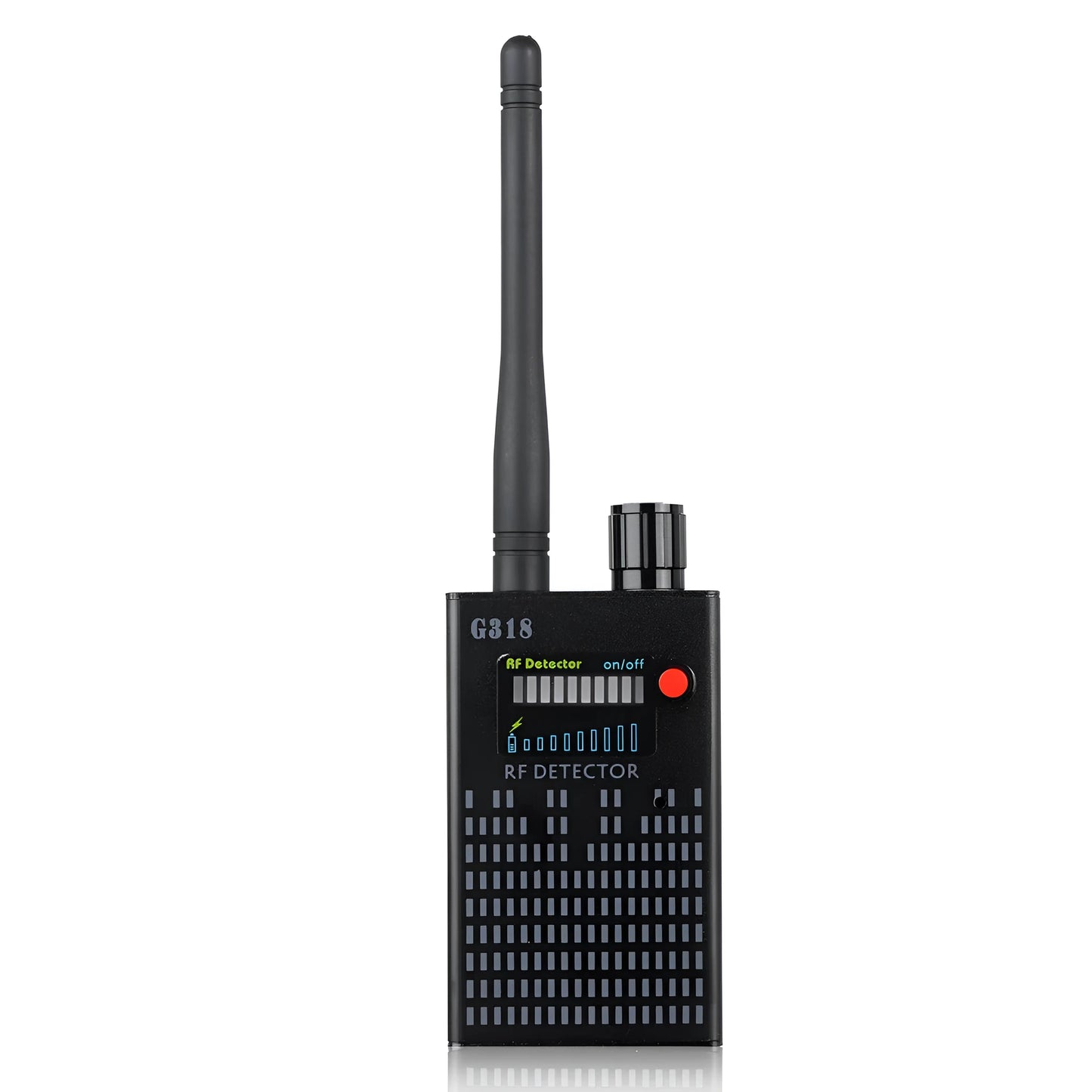 Black G318 aluminium alloy hidden camera detector for anti-theft and anti-monitoring.
