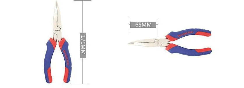 Blue curved nose pliers with dual-colour sleeve handles for precision work.
