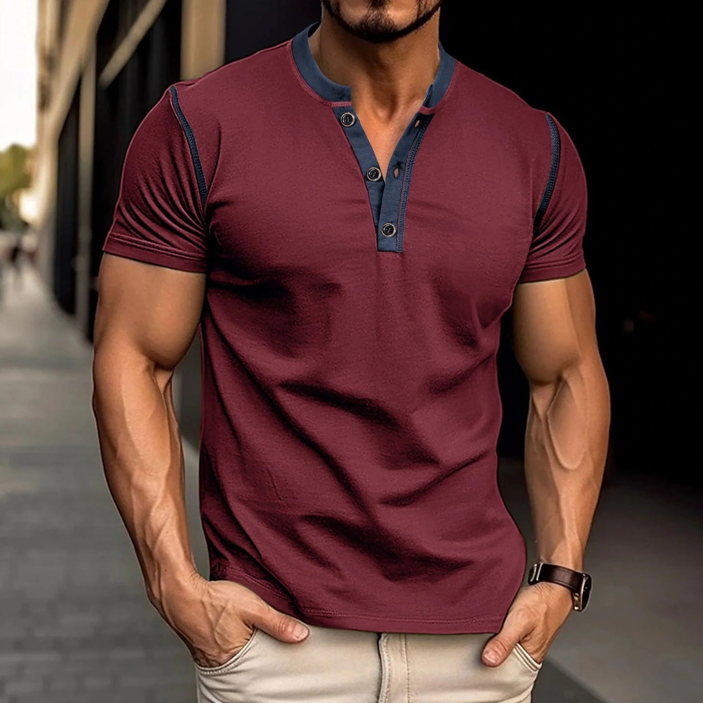 Men's short-sleeved polo shirt with V-neck design in various colors