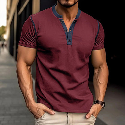 Men's short-sleeved polo shirt with V-neck design in various colors
