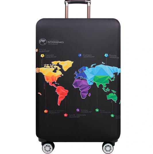 Elastic trolley case cover protecting luggage with polyester fabric, available in multiple sizes and patterns